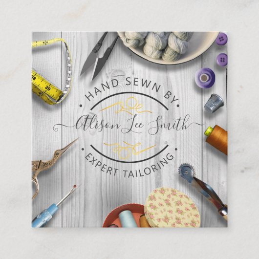 Seamstress of Tailor desk Hand sewn Square Busines Vierkante Visitekaartje (Voorkant)