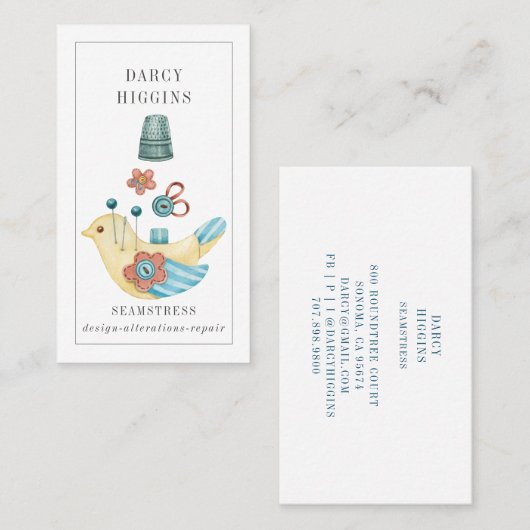 Seamstress Tailor Pin Cushion Buttonnen Visitekaartje (Voorkant / Achterkant)