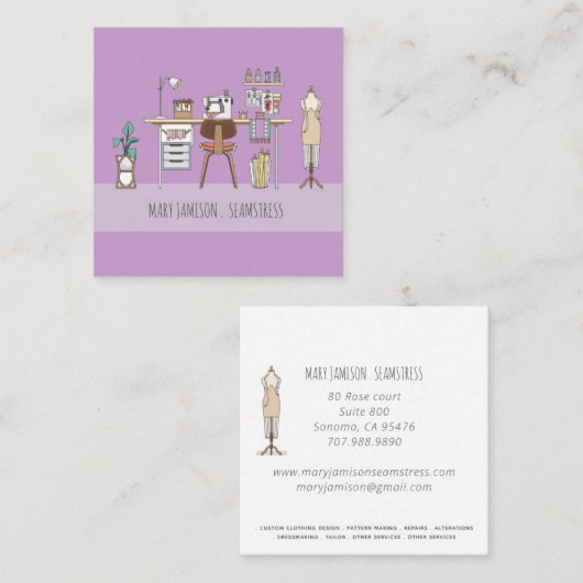 Seamstress Workshop naaimachine en gereedschap Vierkante Visitekaartje (Voorkant / Achterkant)