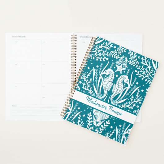 Seapaarden Aangepaste Blauwgroen Blauwe Damask Planner (Display)