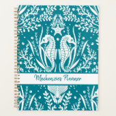 Seapaarden Aangepaste Blauwgroen Blauwe Damask Planner (Voorkant)