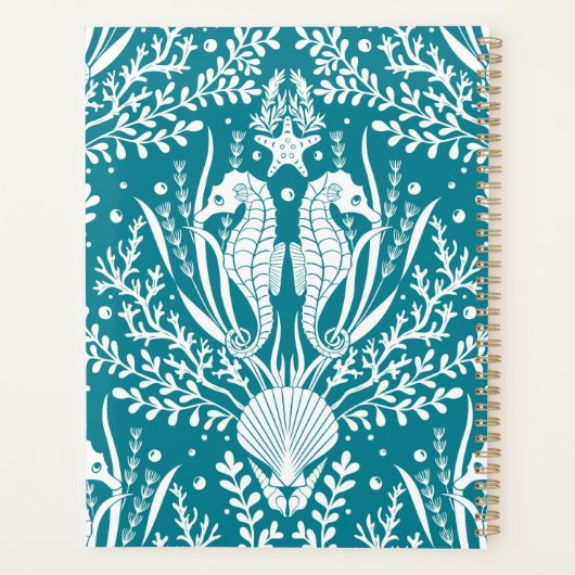 Seapaarden Aangepaste Blauwgroen Blauwe Damask Planner (Achterkant)