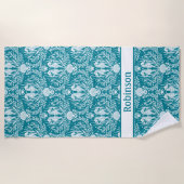 Seapaarden Blauwgroen Blue White Damask - Geperson Strandlaken (Voorkant)