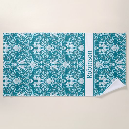 Seapaarden Blauwgroen Blue White Damask - Geperson Strandlaken (Voorkant)