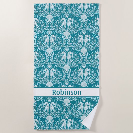 Seapaarden Blauwgroen Blue White Damask - Geperson Strandlaken (Voorkant)