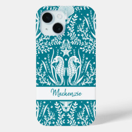 Seapaarden Damask Blauwgroen Blue White, gepersona iPhone 15 Case