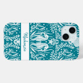Seapaarden Damask Blauwgroen Blue White, gepersona Case-Mate iPhone Case (Achterkant (horizontaal))