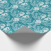 Seapaarden Damask Pattern Blauwgroen Blue en White Cadeaupapier (Hoek)
