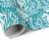 Seapaarden Damask Pattern Blauwgroen Blue en White Cadeaupapier (Rol Hoek)