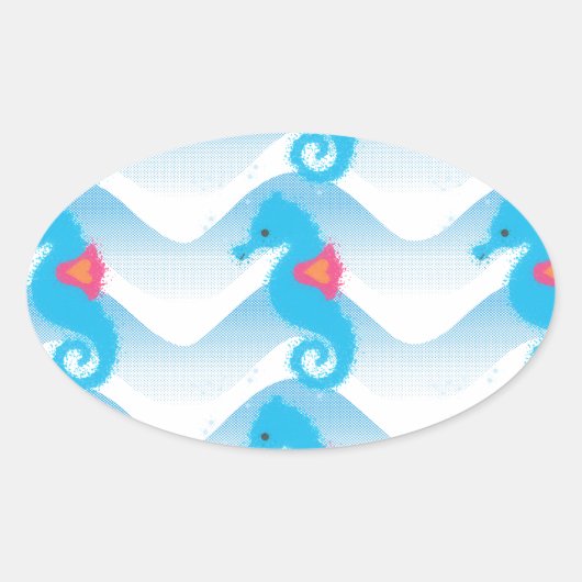 Seapaarden en Blue Waves Pattern Ovale Sticker (Voorkant)