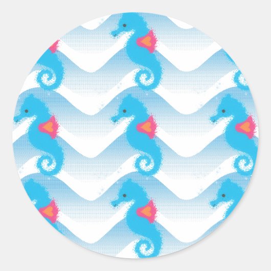 Seapaarden en Blue Waves Pattern Ronde Sticker (Voorkant)