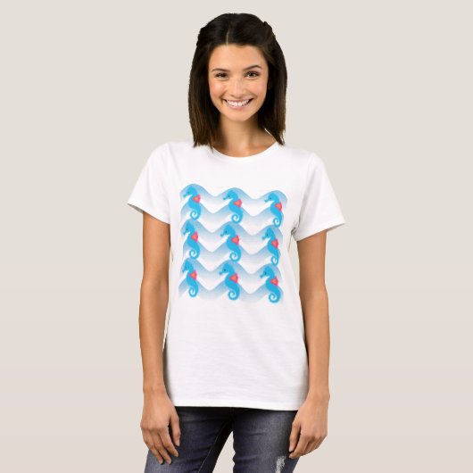 Seapaarden en Blue Waves Pattern T-shirt (Voorkant volledig)