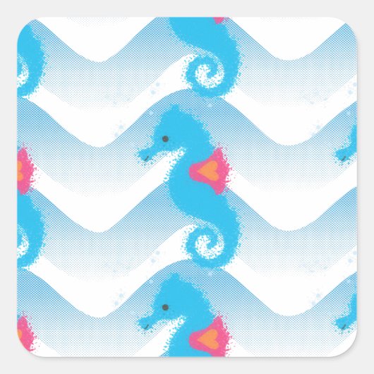Seapaarden en Blue Waves Pattern Vierkante Sticker (Voorkant)