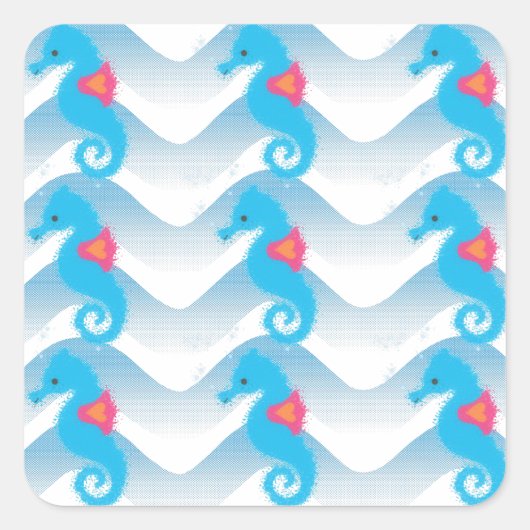 Seapaarden en Blue Waves Pattern Vierkante Sticker (Voorkant)