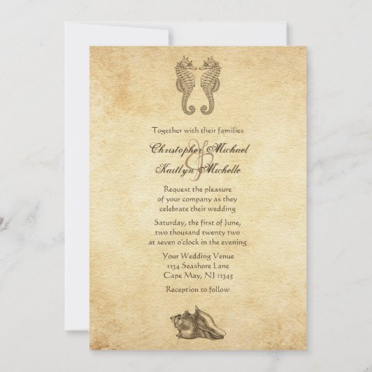 Seapaarden en Conch Shell Beach Wedding Kaart (Achterkant)