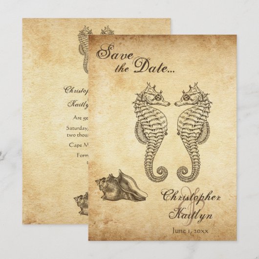  Seapaarden en Conch Shell Beach Wedding Save The Date (Voorkant / Achterkant)