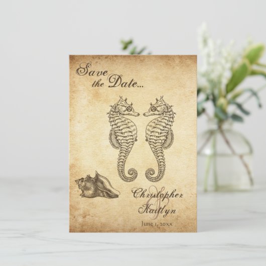  Seapaarden en Conch Shell Beach Wedding Save The Date (Staand voorkant)