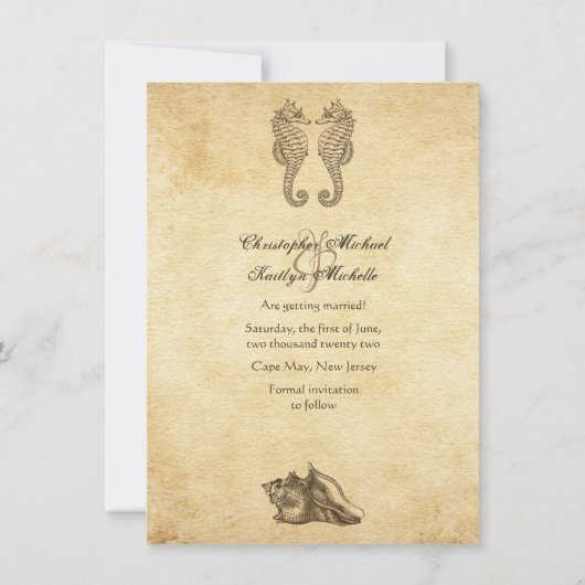  Seapaarden en Conch Shell Beach Wedding Save The Date (Achterkant)