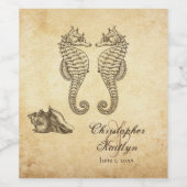  Seapaarden en Conch Shell Beach Wedding Wijn Etiket (Enkel label)