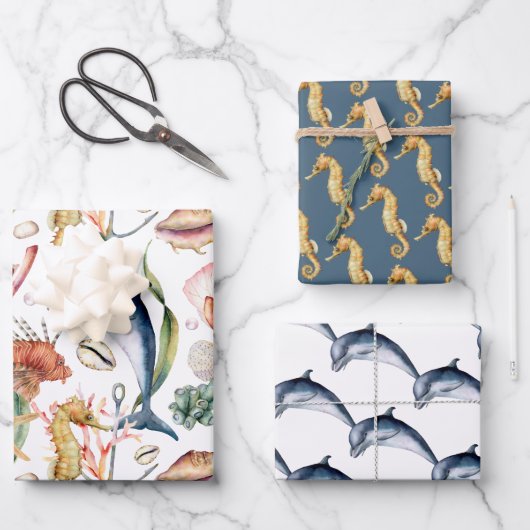 Seapaarden en Dauphins, Nautical Matching Design Inpakpapier Vel (Voorkant)
