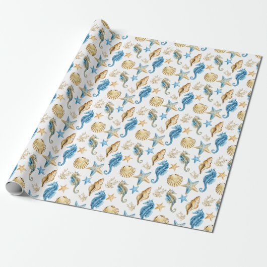 Seapaarden en Seashells op White Cadeaupapier (Uitgerold)
