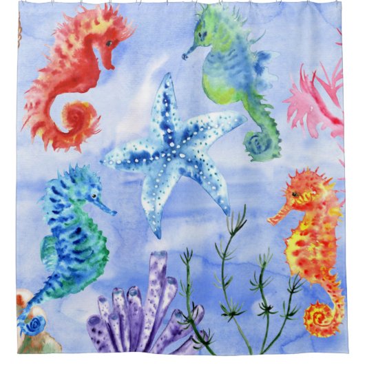 Seapaarden en Starfish met koraalpatroon Douchegordijn (Voorkant)