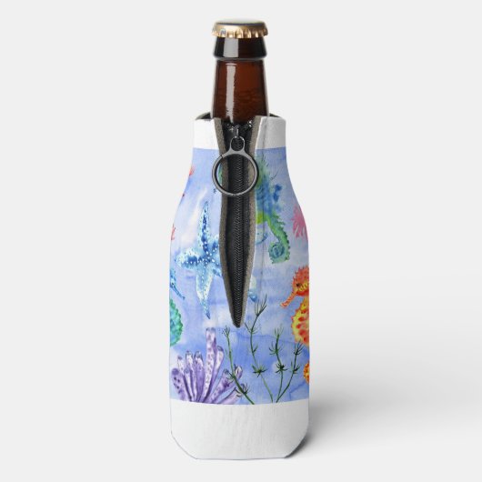 Seapaarden en Starfish met koraalpatroon Flesjeskoeler (Fles Achterkant)