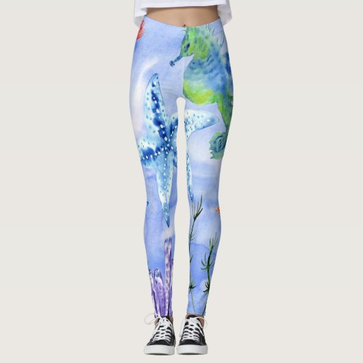 Seapaarden en Starfish met koraalpatroon Leggings (Voorkant)