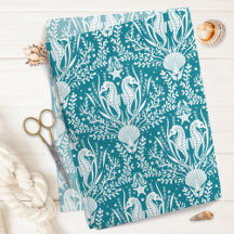 Seapaarden Ocean Zee Life Damask Patroon Blauwgroe