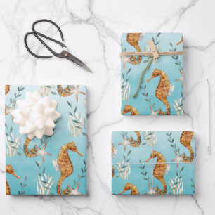 Seapaarden onder het Caraïbisch Zee Turquoise Blu Inpakpapier Vel