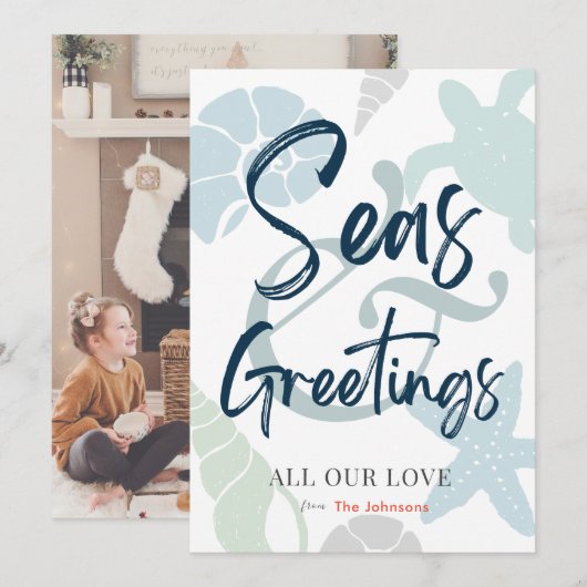Seas and Greetings Seashell Holiday Photo Card Kaart (Voorkant / Achterkant)