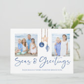 Seas and Greetings Seashell Ornament Holiday Photo Feestdagenkaart (Staand voorkant)