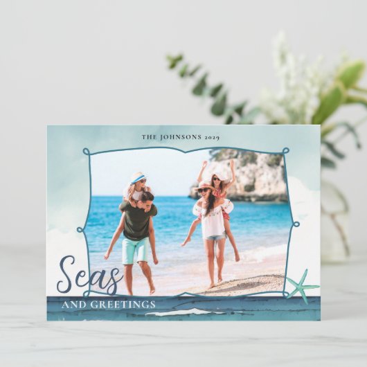 Seas & Greetings Coastal Christmas with photo  Feestdagenkaart (Staand voorkant)