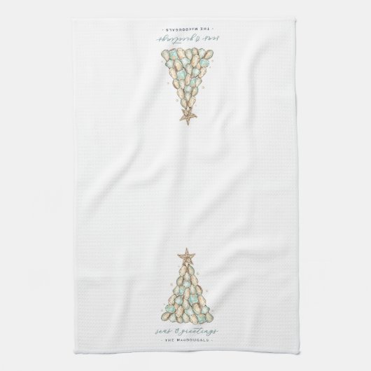 "Seas & Greetings" Coastal Oyster Christmas Tree Theedoek (Verticaal)