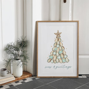 "Seas & Greetings" Strandhuis Kerst Oester Poster