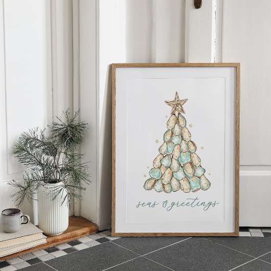 "Seas & Greetings" Strandhuis Kerst Oester Poster