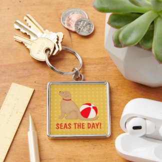 Seas the Day Beach Dog Yellow Key Chain Silver Sleutelhanger
