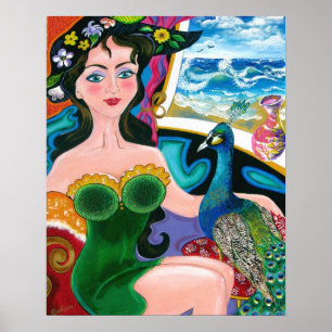 Seascape met Lady & a Peacock - van Galina's kunst Poster