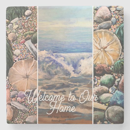  Seascape Welcome  Blue Personalize Print  Stenen Onderzetter (Voorkant)