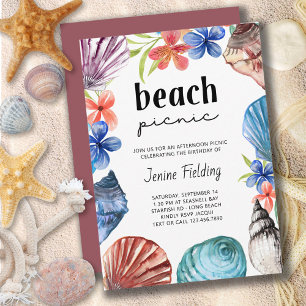Seashell and Tropical Flower Beach picnic Birthday Kaart