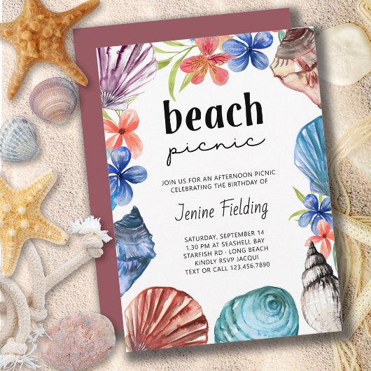 Seashell and Tropical Flower Beach picnic Birthday Kaart