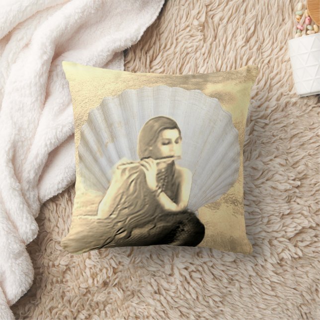 Seashell and Woman Playing Flute Throw Pillow Kussen (Deken)