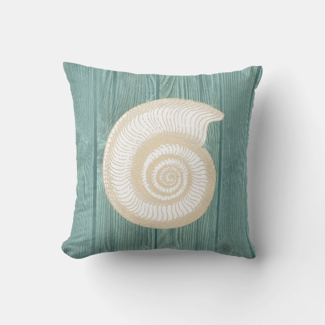 Seashell  Aqua Wood Pillow Kussen (Voorkant)