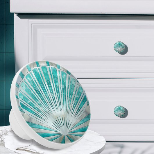 Seashell Art Deco - Aquamarijn en Parel Keramische Knop
