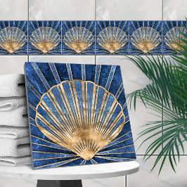 Seashell Art Deco - Blauw Marmer en Goud Tegeltje