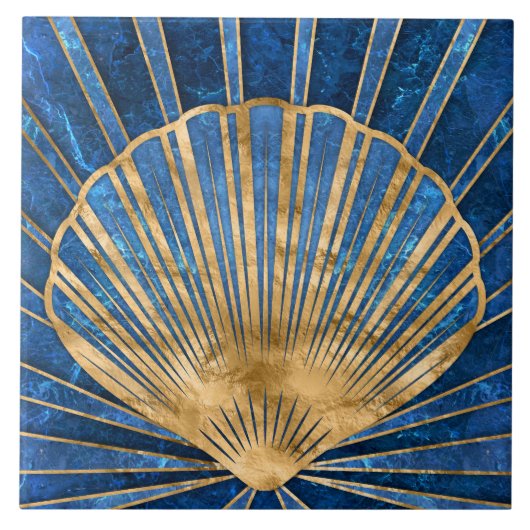 Seashell Art Deco - Blauw Marmer en Goud Tegeltje (Voorkant)