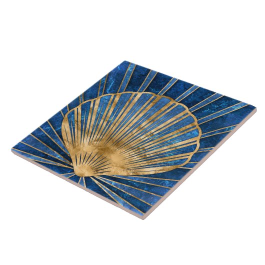 Seashell Art Deco - Blauw Marmer en Goud Tegeltje (Zijkant)