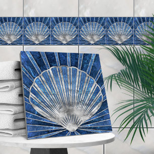 Seashell Art Deco - Blauw Marmer en Zilver Tegeltje