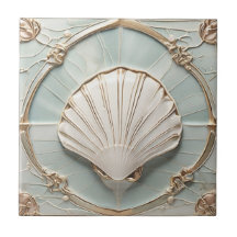 Seashell Art Nouveau Faux Relief Mint Blauw & Goud