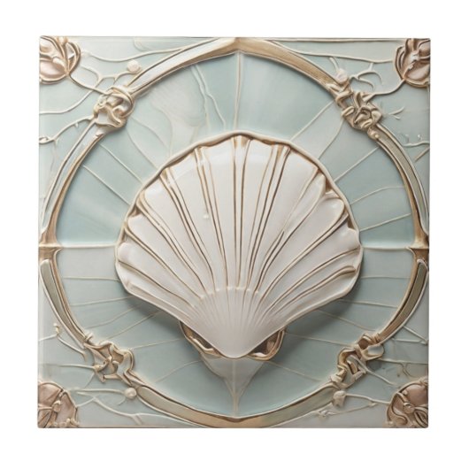 Seashell Art Nouveau Faux Relief Mint Blauw & Goud Tegeltje (Voorkant)
